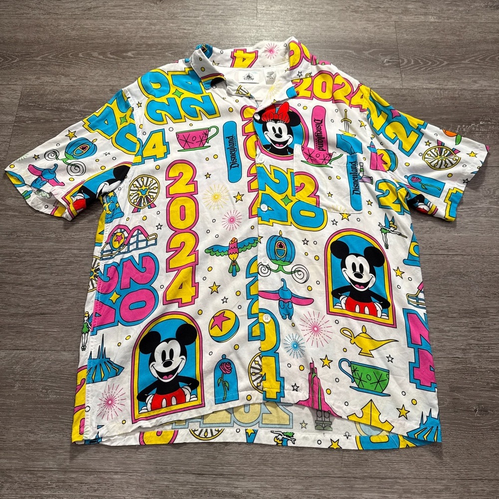 Disney‎ Shirt XL White Neon 2024 Mickey Minnie Icons Camp Vacation Summer Print